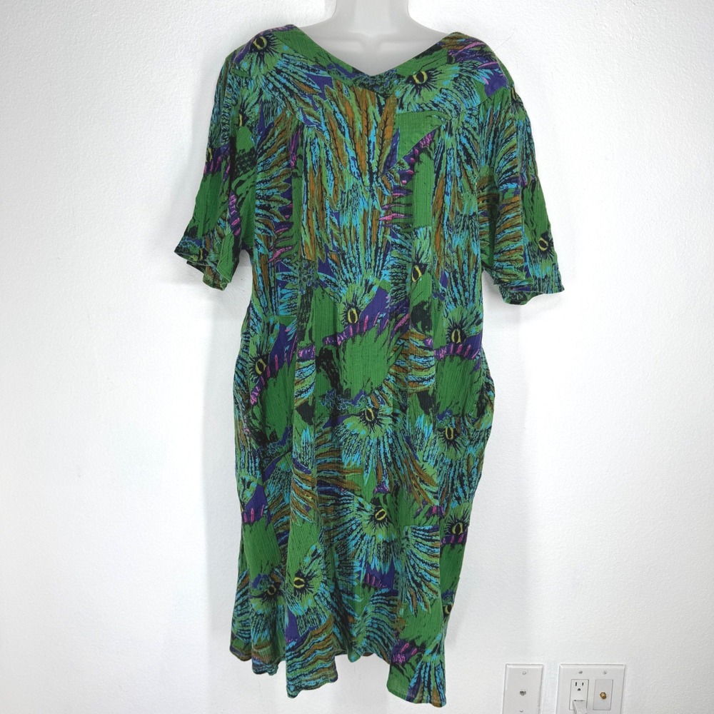 Sante Classics Green Peacock Print Cotton Gauze Shift Dress OS Plus Pockets